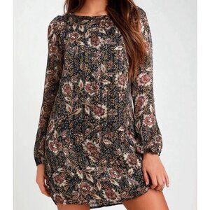 LULUS Ashford Dark Floral Print Long Sleeve Shift Dress Size Small